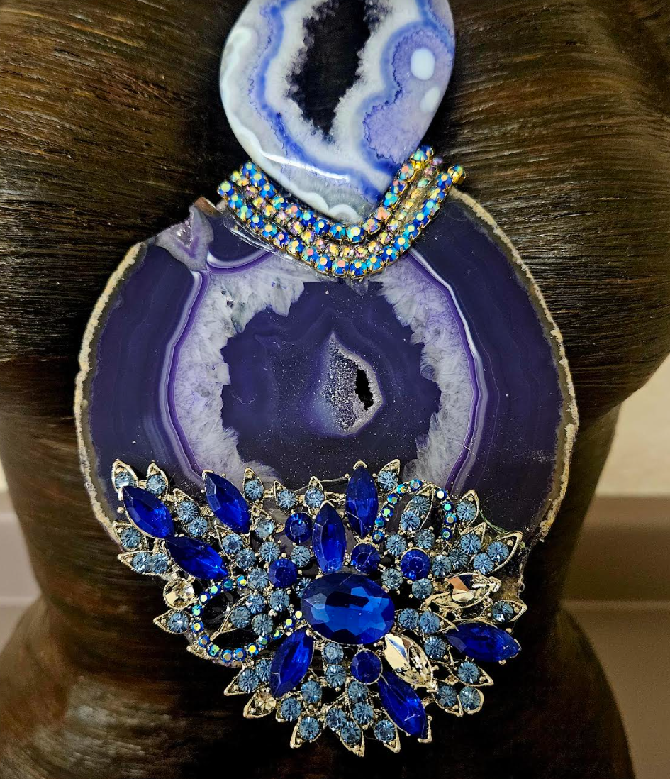 Purple & Blue Druzy Agate Rhinestone Chest Piece With Branch Quartz Necklace - Gemstone Totem Statement Pendant - Holiday Glamour Artisan Breast Plate - Kat Kouture Jewelry