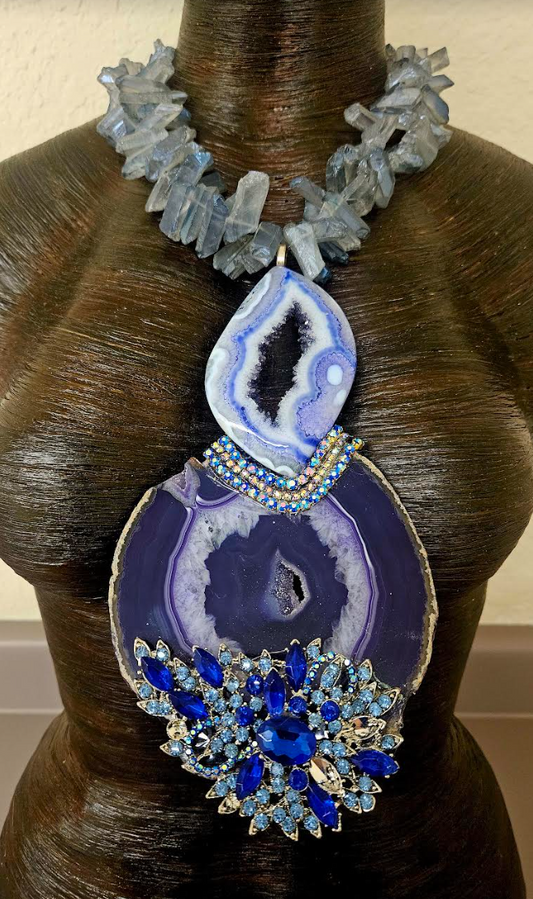 Purple & Blue Druzy Agate Rhinestone Chest Piece With Branch Quartz Necklace - Gemstone Totem Statement Pendant - Holiday Glamour Artisan Breast Plate - Kat Kouture Jewelry