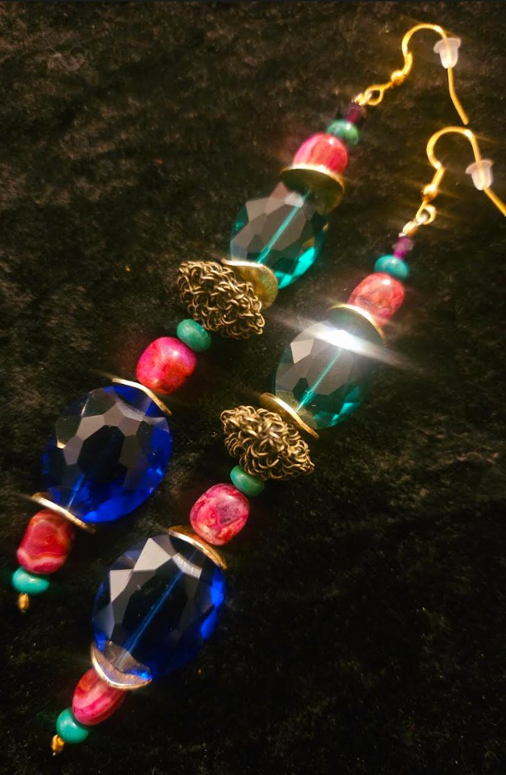 Jewel Tone Crystal & Gemstone Shoulder Duster Pierced Earrings - Bold Colorful Long Beaded Ear Candy - Kat Kouture Jewelry