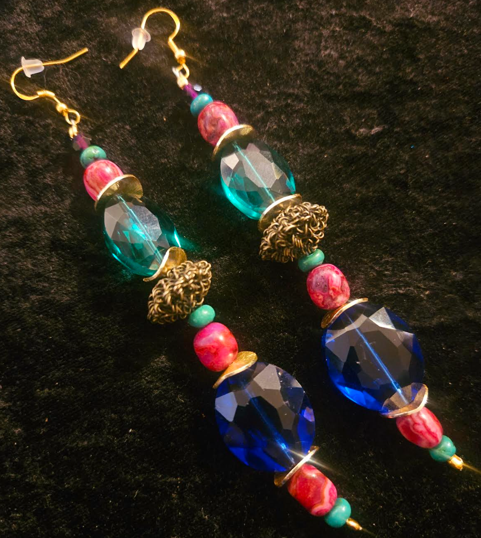 Jewel Tone Crystal & Gemstone Shoulder Duster Pierced Earrings - Bold Colorful Long Beaded Ear Candy - Kat Kouture Jewelry