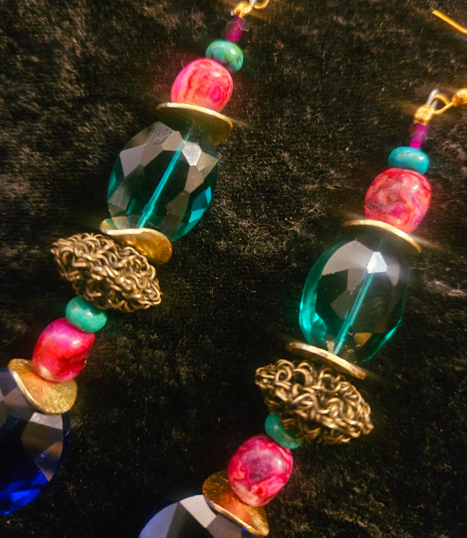 Jewel Tone Crystal & Gemstone Shoulder Duster Pierced Earrings - Bold Colorful Long Beaded Ear Candy - Kat Kouture Jewelry