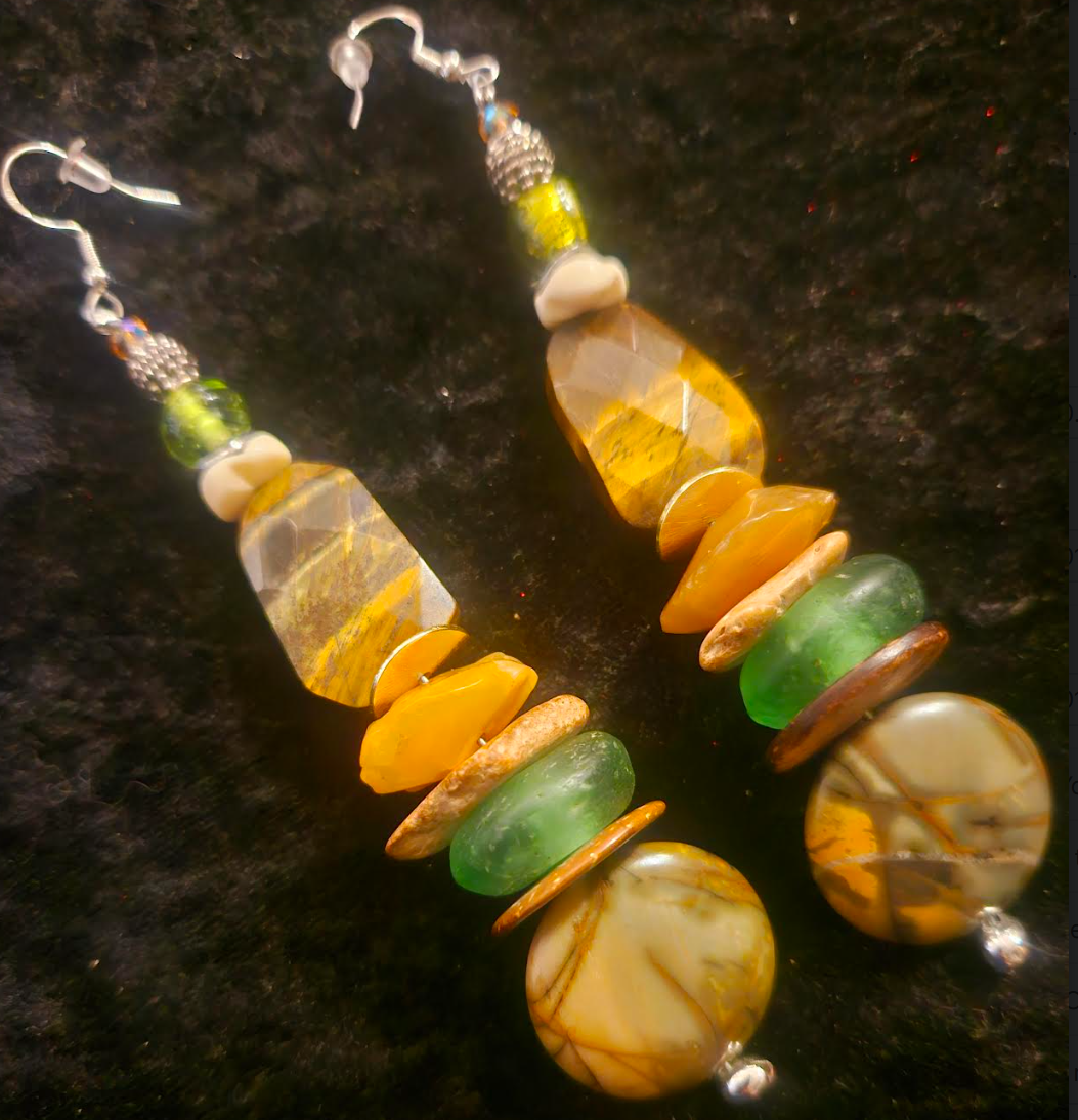 Earthy Mixed Media Brown Green and Orange Shoulder Dusters - Tigers Eye Jasper & Carnelian Long Pierced Earrings - Earthy Ear Candy - Kat Kouture Jewelry