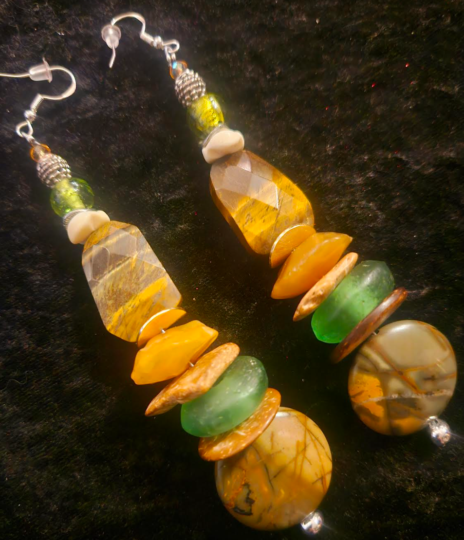 Earthy Mixed Media Brown Green and Orange Shoulder Dusters - Tigers Eye Jasper & Carnelian Long Pierced Earrings - Earthy Ear Candy - Kat Kouture Jewelry