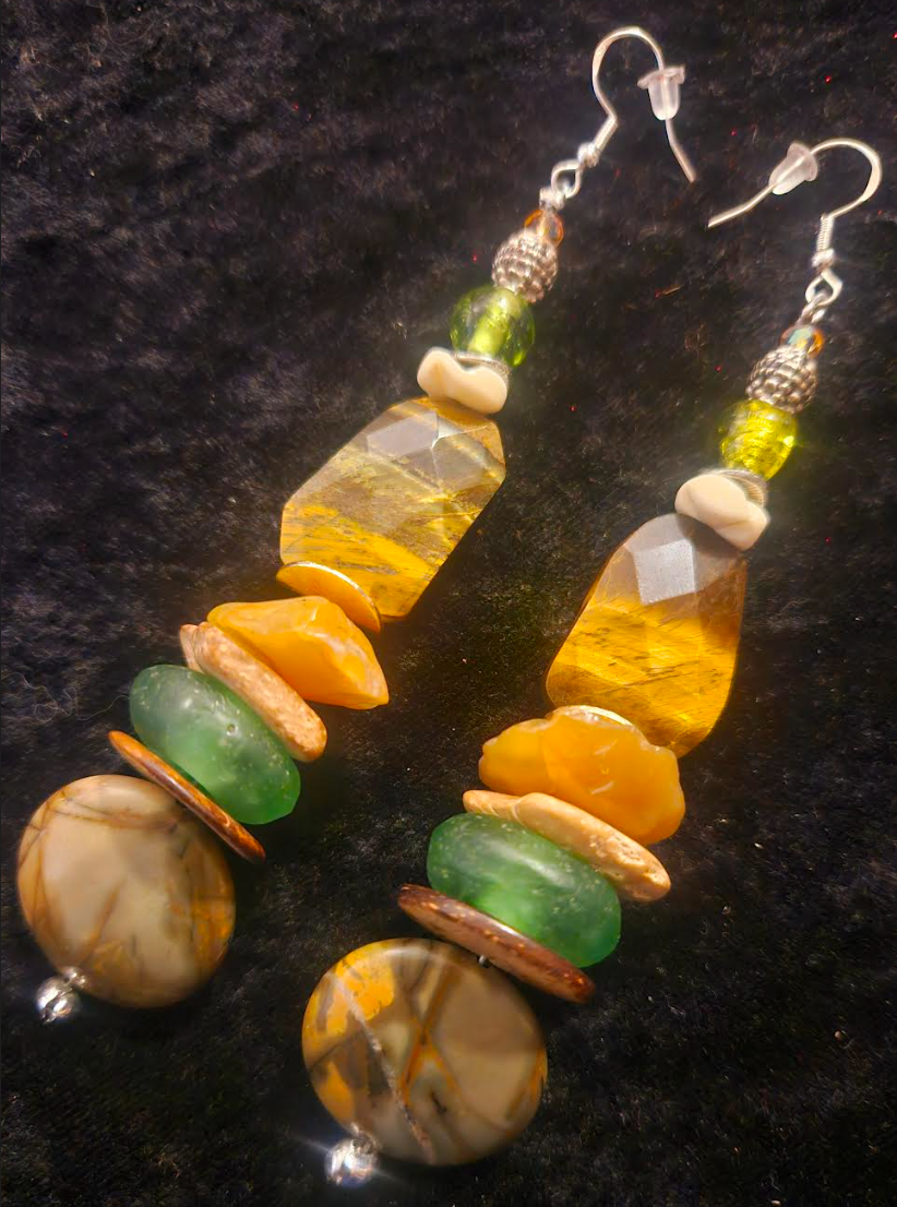 Earthy Mixed Media Brown Green and Orange Shoulder Dusters - Tigers Eye Jasper & Carnelian Long Pierced Earrings - Earthy Ear Candy - Kat Kouture Jewelry