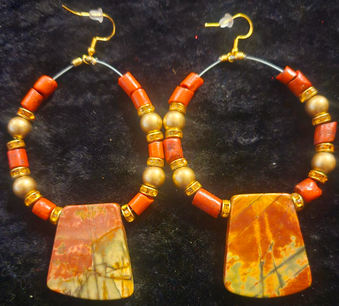 Picasso Jasper & Rustic Coral Tube Hoop Earrings - Autumn Colored Beaded Pierced Earrings - Fall Ear Candy - Kat Kouture Jewelry