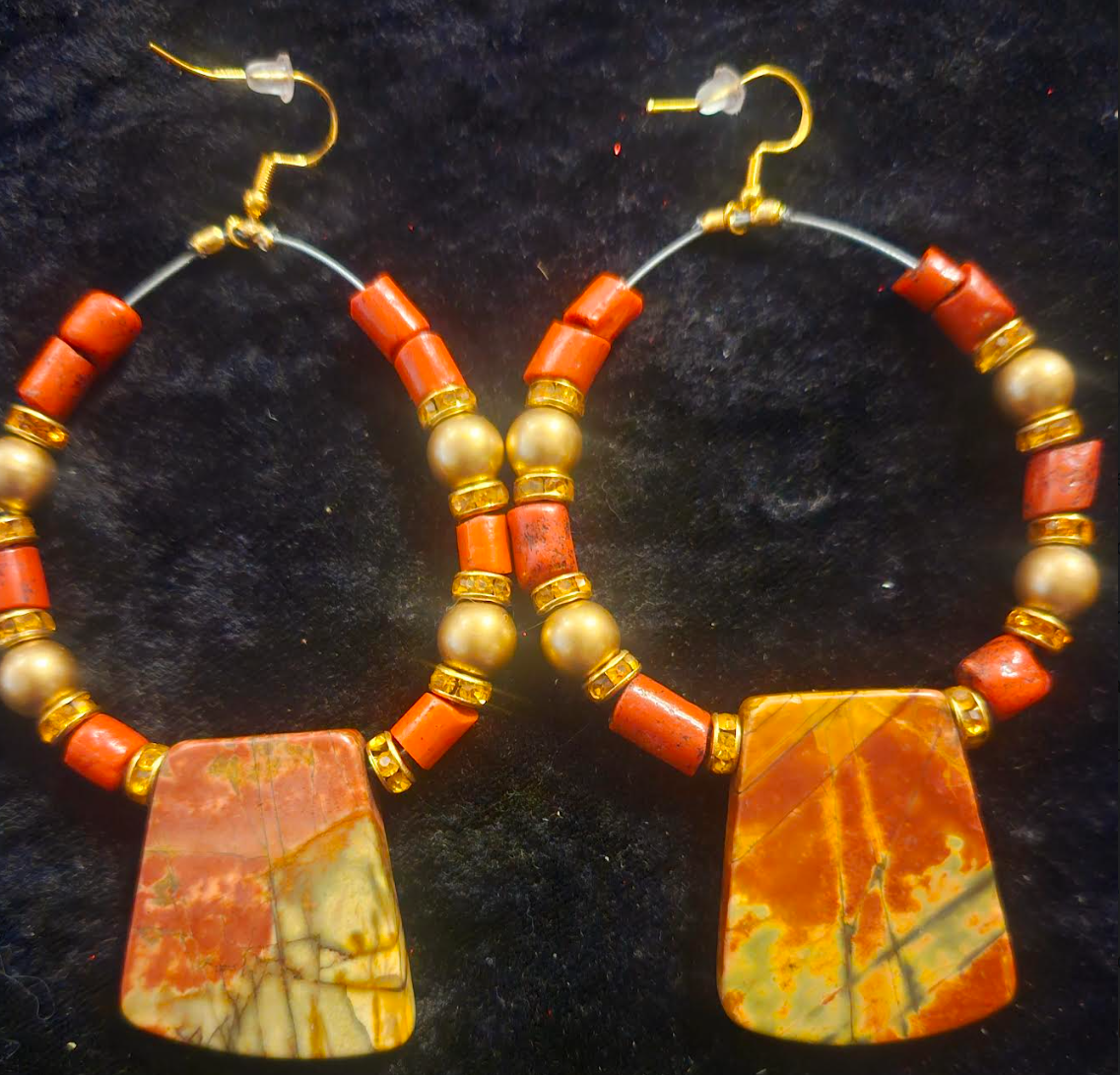 Picasso Jasper & Rustic Coral Tube Hoop Earrings - Autumn Colored Beaded Pierced Earrings - Fall Ear Candy - Kat Kouture Jewelry