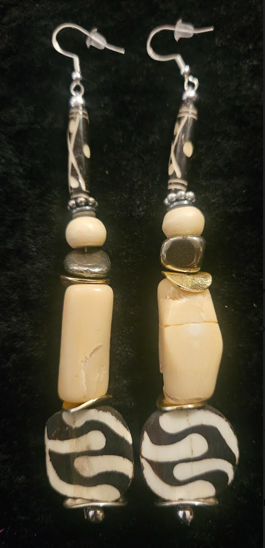 Cream & Brown African Inspired Long Pierced Earrings - Coral Bone and Pyrite Beaded Shoulder Duster Earrings - Neutral Ear Candy for Women of Color - Kat Kouture Jewelry