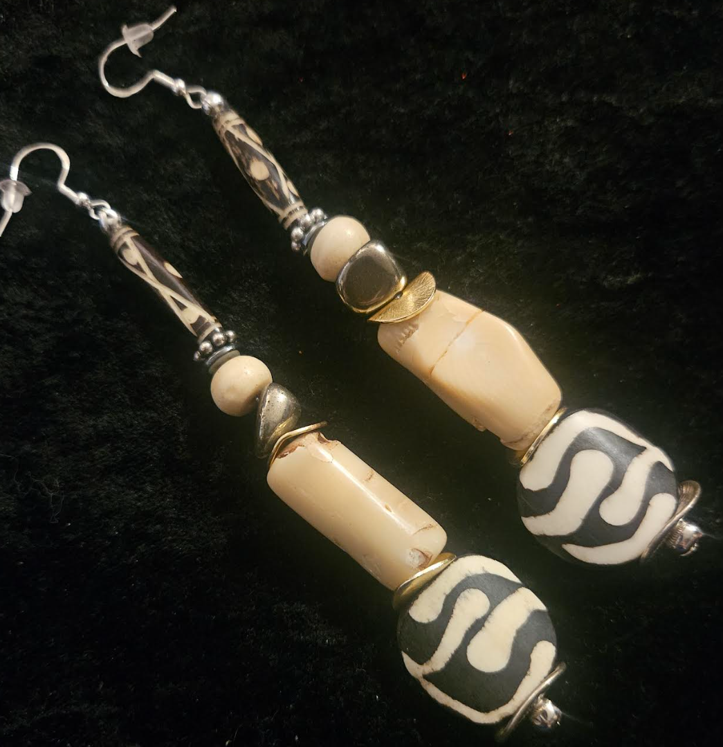 Cream & Brown African Inspired Long Pierced Earrings - Coral Bone and Pyrite Beaded Shoulder Duster Earrings - Neutral Ear Candy for Women of Color - Kat Kouture Jewelry