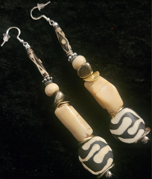 Cream & Brown African Inspired Long Pierced Earrings - Coral Bone and Pyrite Beaded Shoulder Duster Earrings - Neutral Ear Candy for Women of Color - Kat Kouture Jewelry