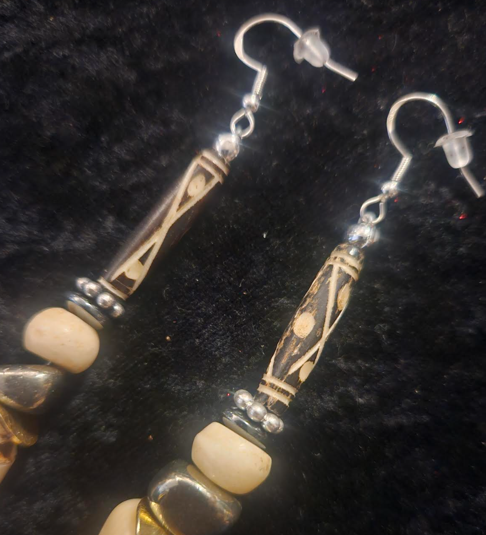 Cream & Brown African Inspired Long Pierced Earrings - Coral Bone and Pyrite Beaded Shoulder Duster Earrings - Neutral Ear Candy for Women of Color - Kat Kouture Jewelry