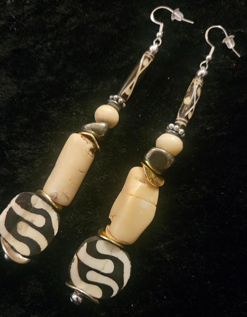 Cream & Brown African Inspired Long Pierced Earrings - Coral Bone and Pyrite Beaded Shoulder Duster Earrings - Neutral Ear Candy for Women of Color - Kat Kouture Jewelry