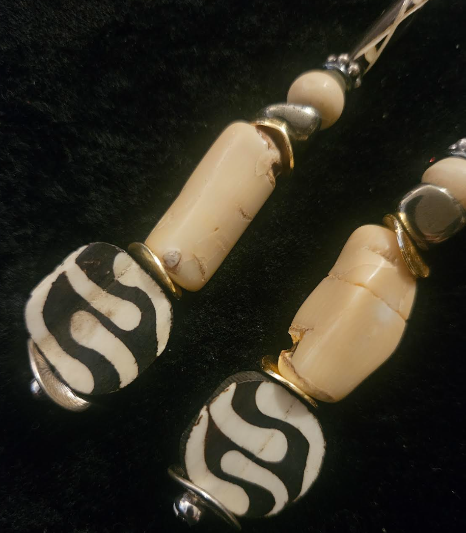 Cream & Brown African Inspired Long Pierced Earrings - Coral Bone and Pyrite Beaded Shoulder Duster Earrings - Neutral Ear Candy for Women of Color - Kat Kouture Jewelry