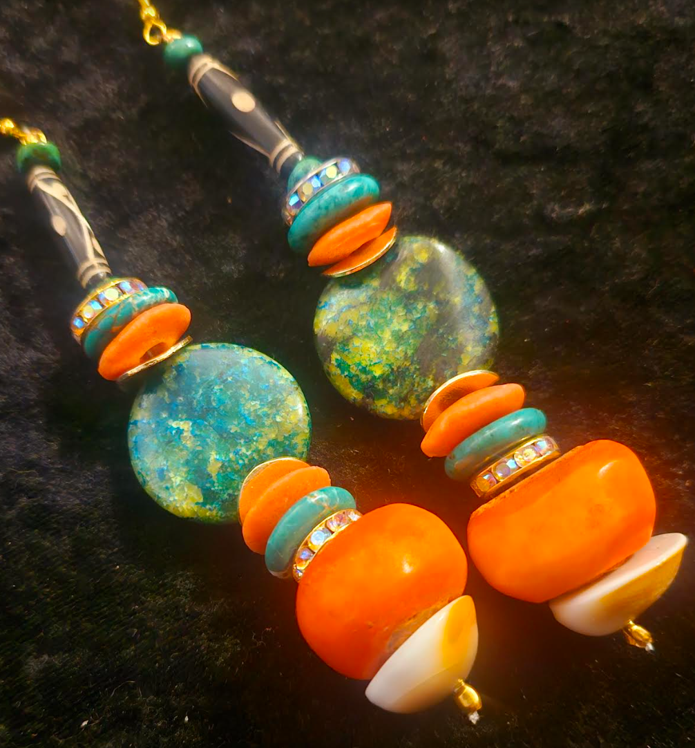 Orange and Green Beaded African Shoulder Dusters - Tribal Inspired Super Long Pierced Ear Candy - Kat Kouture Jewelry