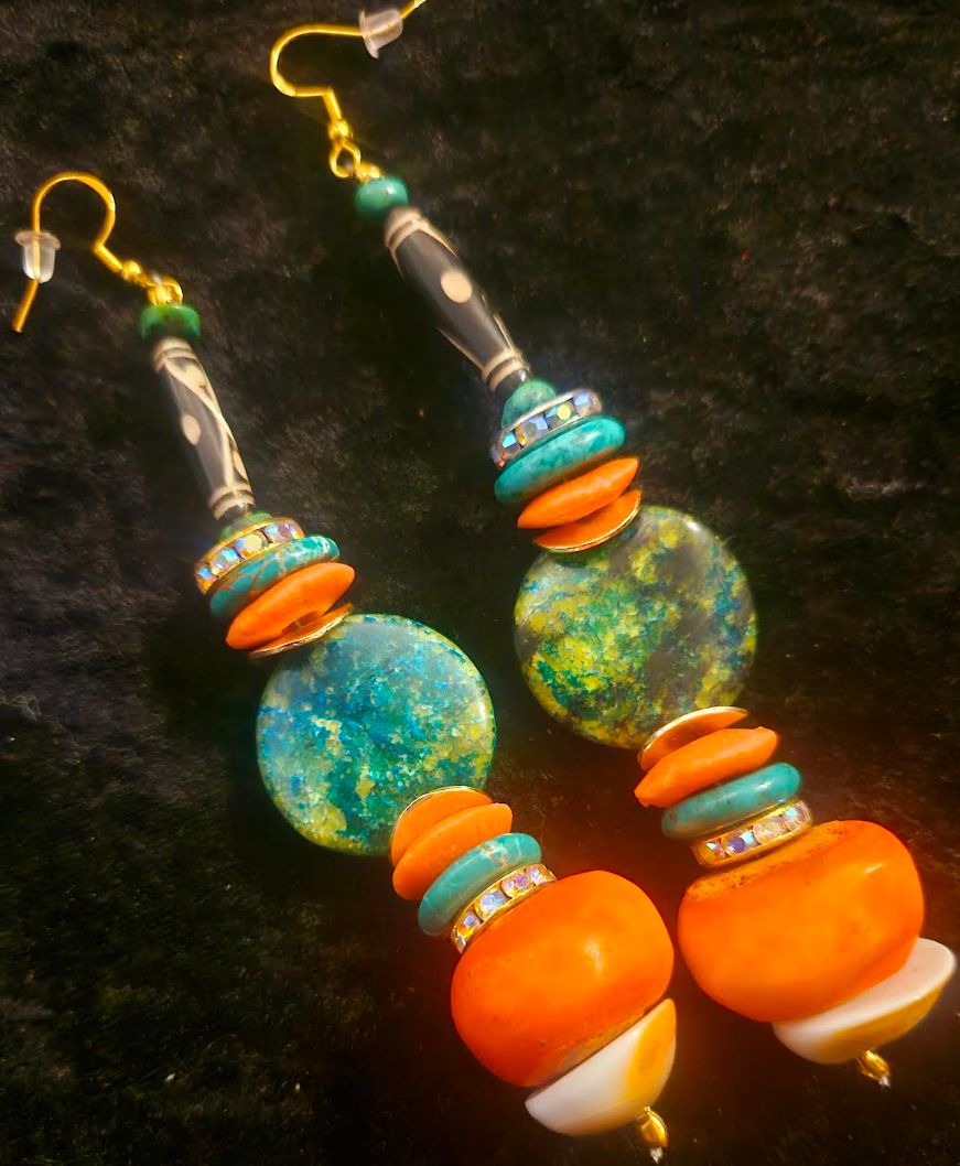 Orange and Green Beaded African Shoulder Dusters - Tribal Inspired Super Long Pierced Ear Candy - Kat Kouture Jewelry