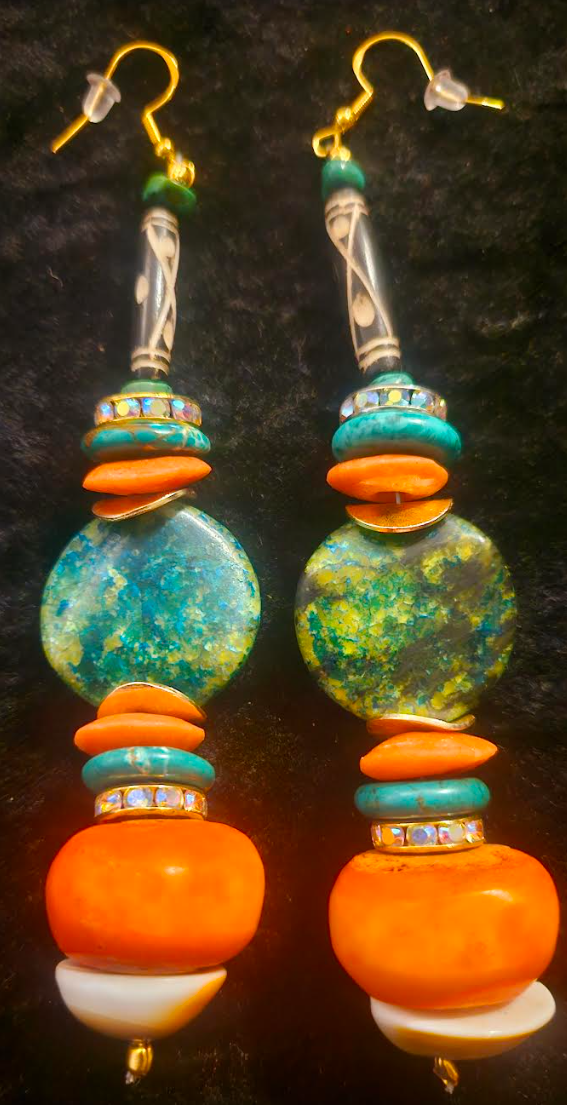 Orange and Green Beaded African Shoulder Dusters - Tribal Inspired Super Long Pierced Ear Candy - Kat Kouture Jewelry