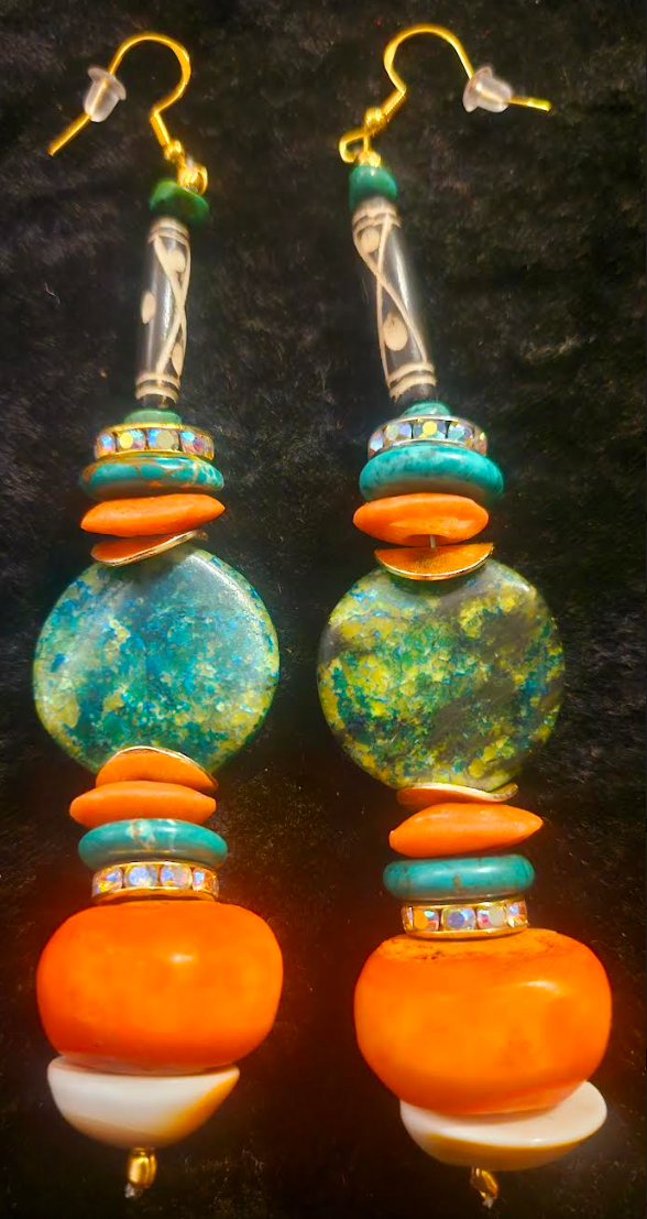 Orange and Green Beaded African Shoulder Dusters - Tribal Inspired Super Long Pierced Ear Candy - Kat Kouture Jewelry