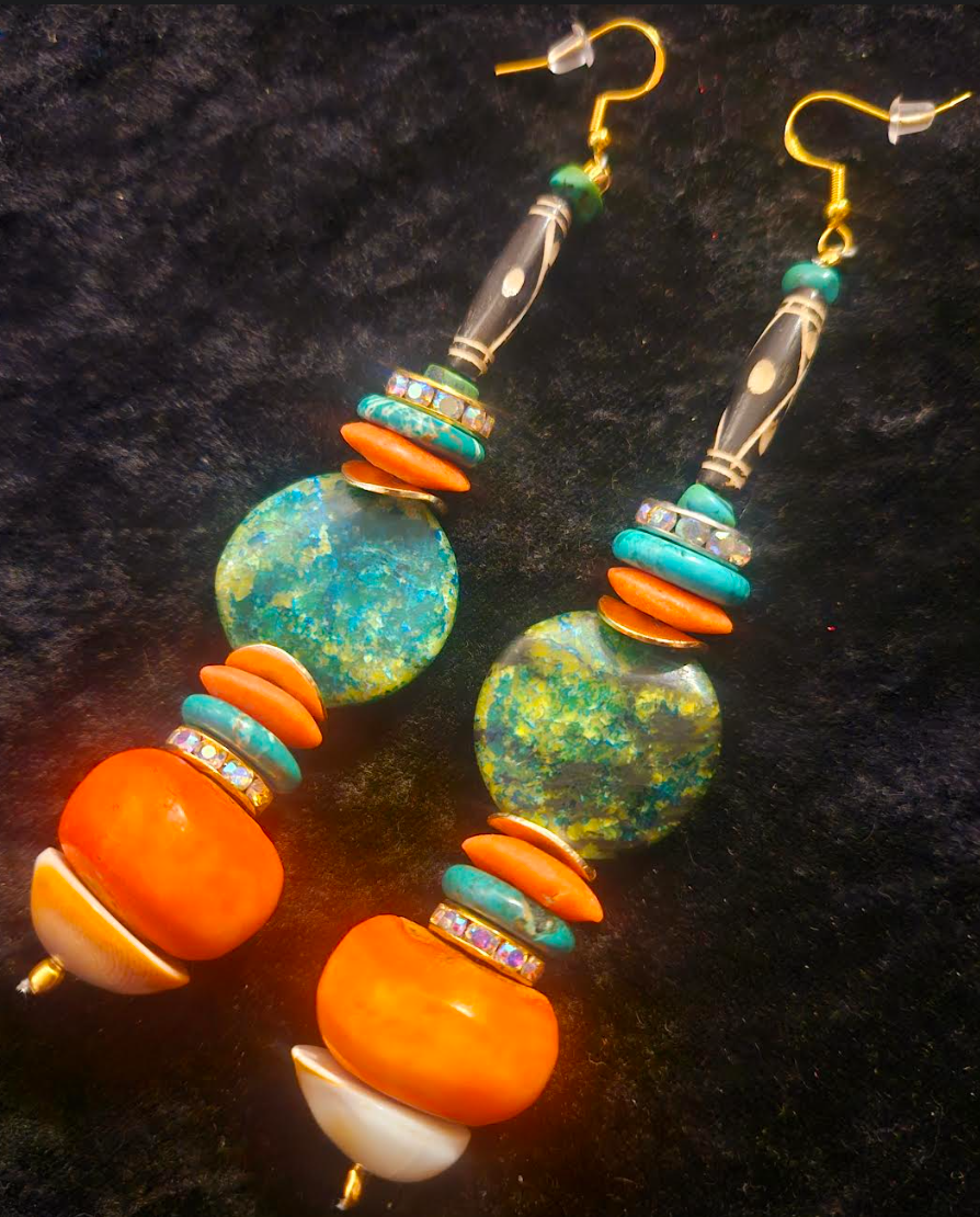 Orange and Green Beaded African Shoulder Dusters - Tribal Inspired Super Long Pierced Ear Candy - Kat Kouture Jewelry