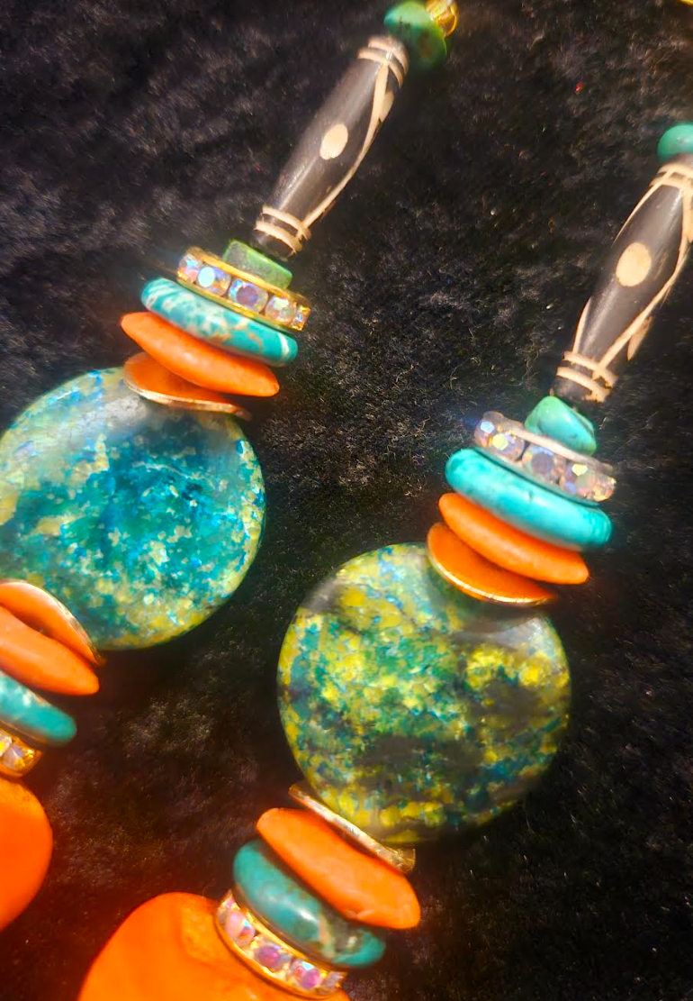 Orange and Green Beaded African Shoulder Dusters - Tribal Inspired Super Long Pierced Ear Candy - Kat Kouture Jewelry