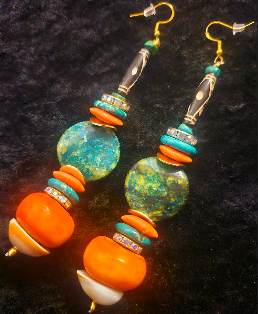 Orange and Green Beaded African Shoulder Dusters - Tribal Inspired Super Long Pierced Ear Candy - Kat Kouture Jewelry