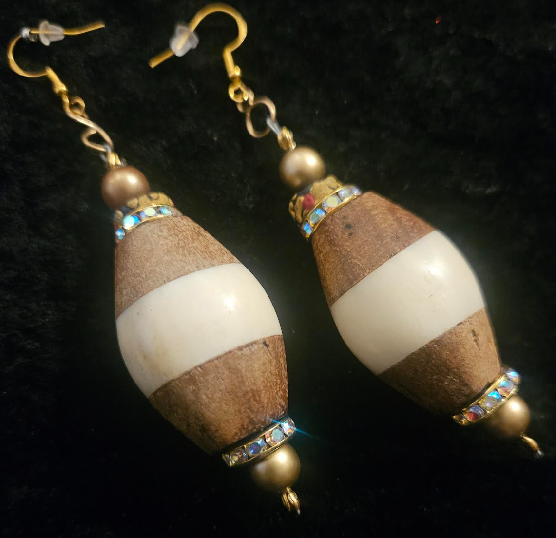 Bold Bone and Wood Bicone Pierced Earrings - Cream and Light Brown Oversized Beaded Ear Candy - Kat Kouture Jewelry