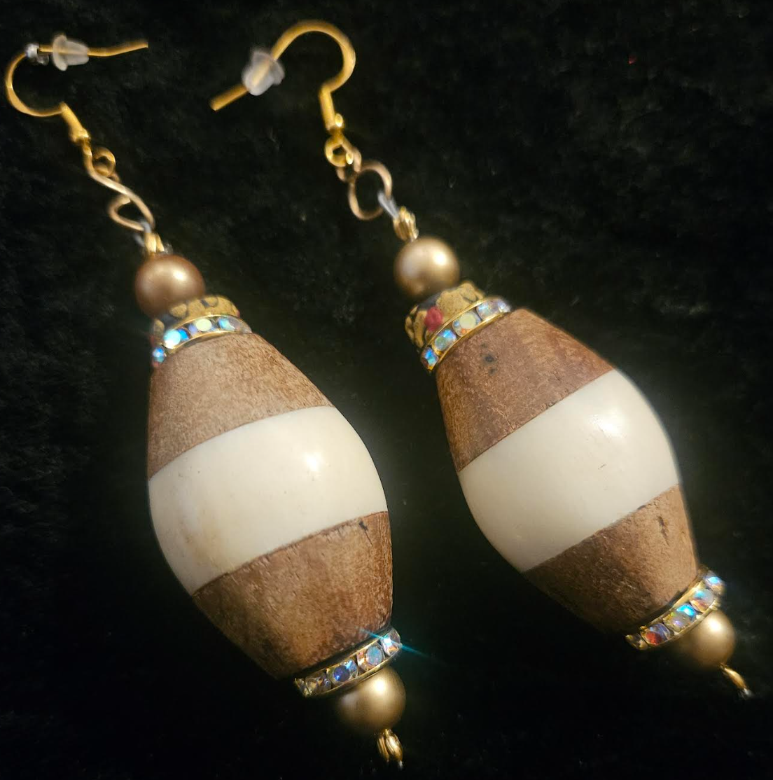 Bold Bone and Wood Bicone Pierced Earrings - Cream and Light Brown Oversized Beaded Ear Candy - Kat Kouture Jewelry