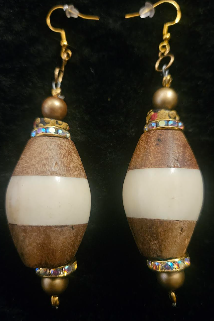 Bold Bone and Wood Bicone Pierced Earrings - Cream and Light Brown Oversized Beaded Ear Candy - Kat Kouture Jewelry