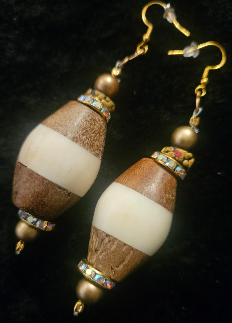 Bold Bone and Wood Bicone Pierced Earrings - Cream and Light Brown Oversized Beaded Ear Candy - Kat Kouture Jewelry