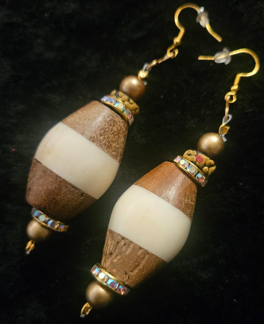 Bold Bone and Wood Bicone Pierced Earrings - Cream and Light Brown Oversized Beaded Ear Candy - Kat Kouture Jewelry