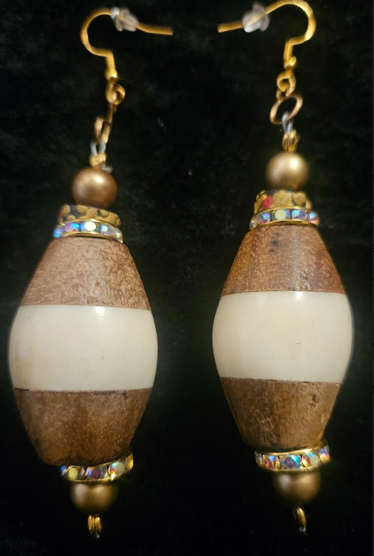 Bold Bone and Wood Bicone Pierced Earrings - Cream and Light Brown Oversized Beaded Ear Candy - Kat Kouture Jewelry