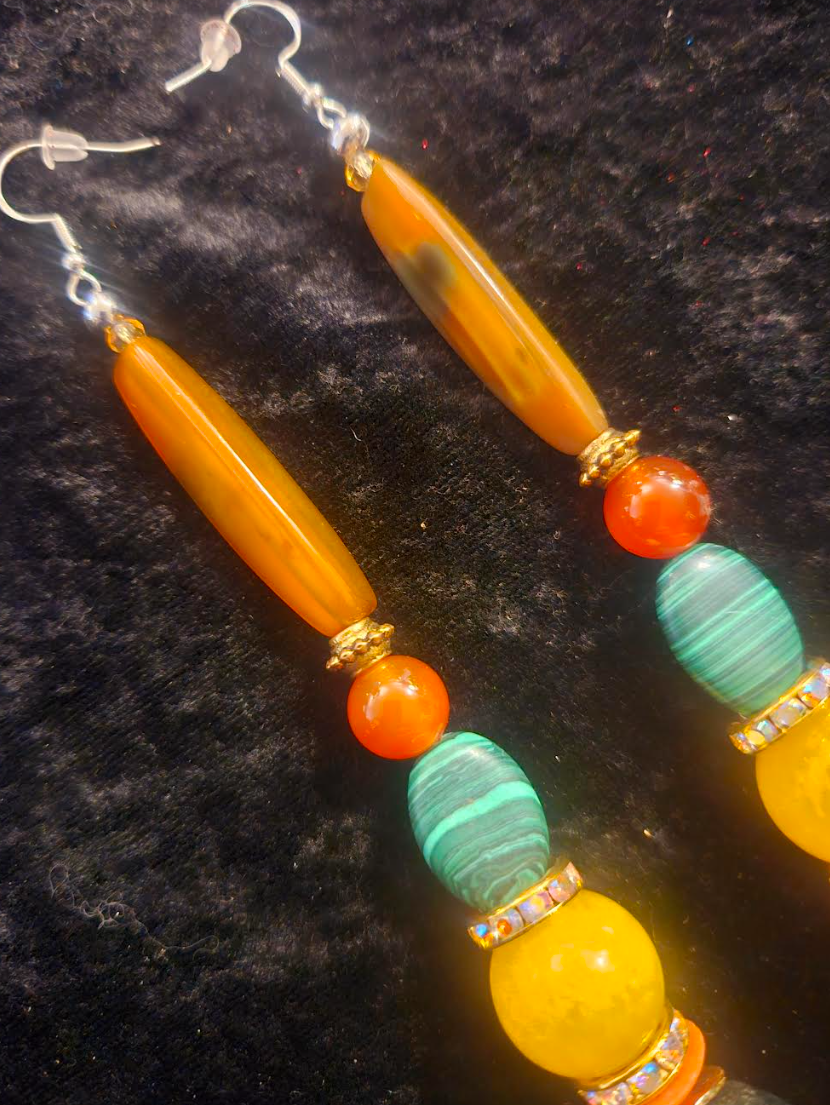 Orange Green & Yellow Mixed Gemstone Shoulder Dusters - Agate Jade Malachite and Glass Extra Long Beaded Pierced Earrings - Kat Kouture Jewelry