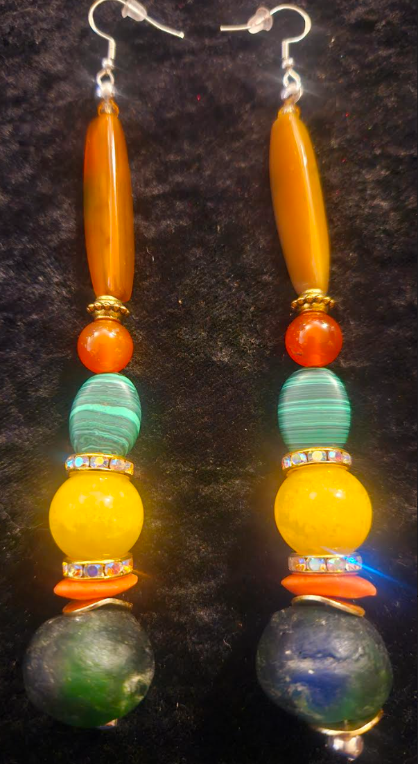 Orange Green & Yellow Mixed Gemstone Shoulder Dusters - Agate Jade Malachite and Glass Extra Long Beaded Pierced Earrings - Kat Kouture Jewelry