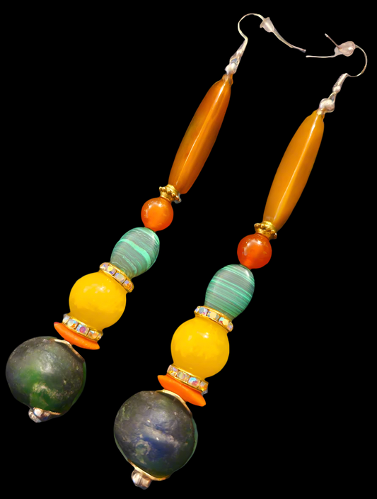 Orange Green & Yellow Mixed Gemstone Shoulder Dusters - Agate Jade Malachite and Glass Extra Long Beaded Pierced Earrings - Kat Kouture Jewelry