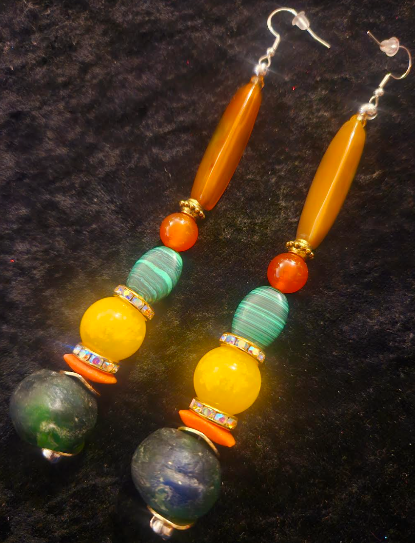 Orange Green & Yellow Mixed Gemstone Shoulder Dusters - Agate Jade Malachite and Glass Extra Long Beaded Pierced Earrings - Kat Kouture Jewelry