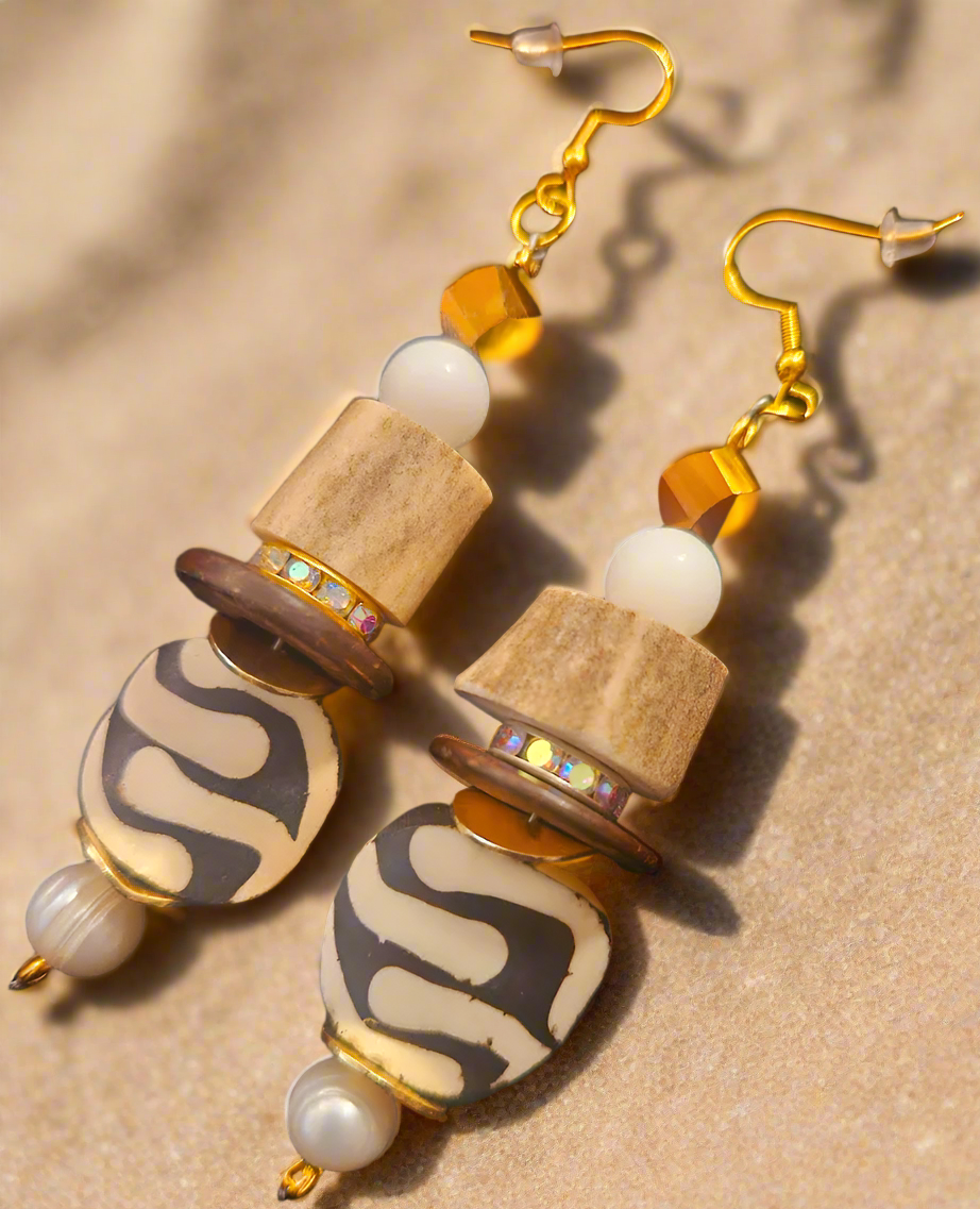 Exotic Earth Tone Pierced Earrings - Antler Crystal Wood and Batik Bone Dangle Ear Candy - Neutral and Versatile Earthy Earrings -  Kat Kouture Jewelry