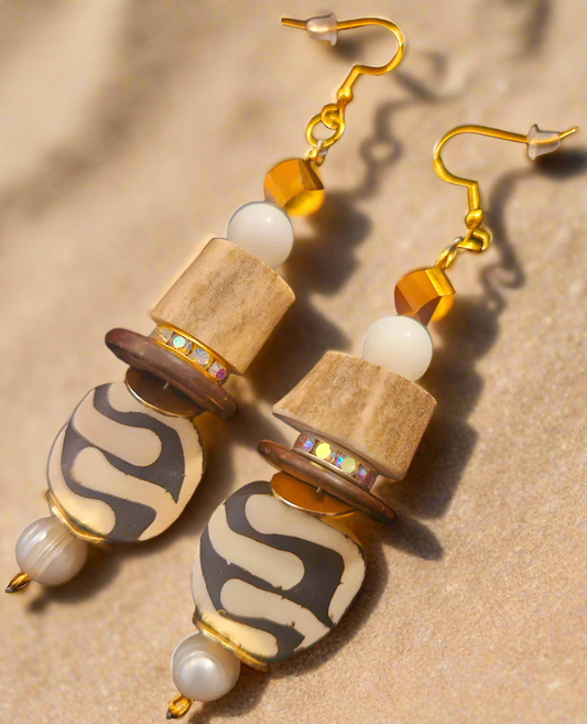 Exotic Earth Tone Pierced Earrings - Antler Crystal Wood and Batik Bone Dangle Ear Candy - Neutral and Versatile Earthy Earrings -  Kat Kouture Jewelry