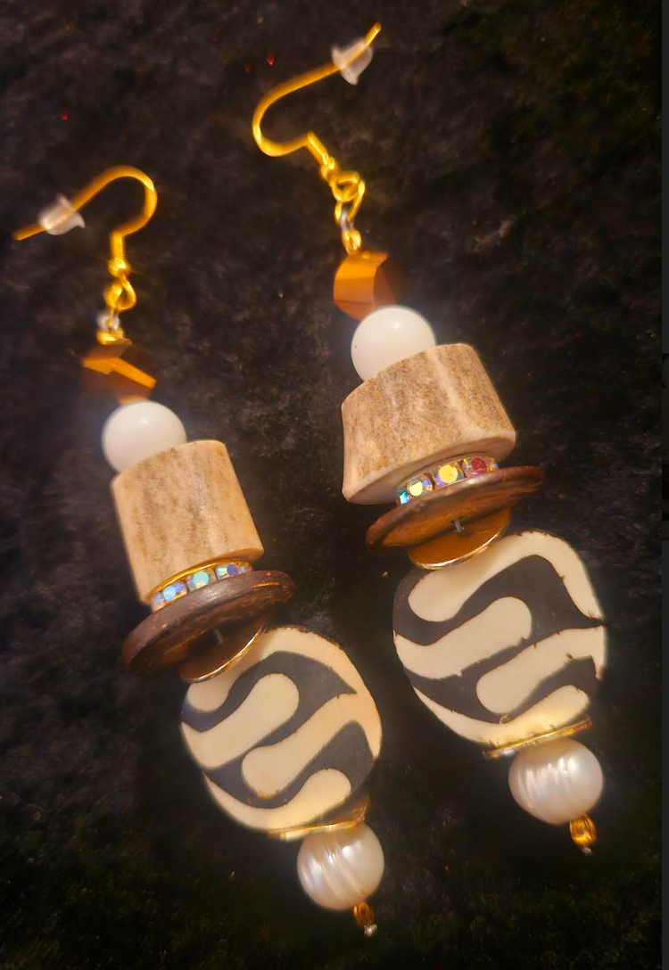 Exotic Earth Tone Pierced Earrings - Antler Crystal Wood and Batik Bone Dangle Ear Candy - Neutral and Versatile Earthy Earrings -  Kat Kouture Jewelry