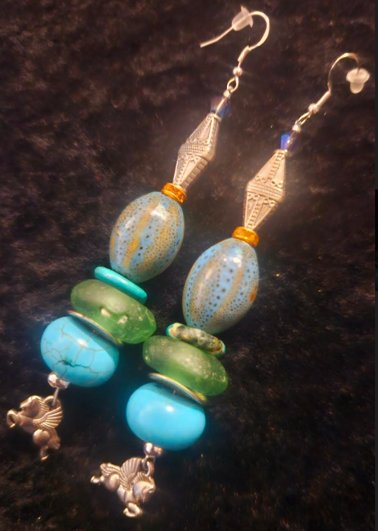 Mixed Media Blue Green & Silver Shoulder Duster Pierced Earrings - Beaded Pegasus Long Dangle Ear Candy - Kat Kouture Jewelry