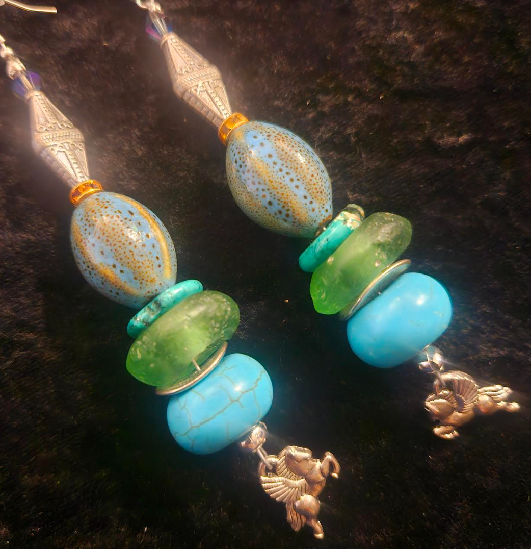 Mixed Media Blue Green & Silver Shoulder Duster Pierced Earrings - Beaded Pegasus Long Dangle Ear Candy - Kat Kouture Jewelry