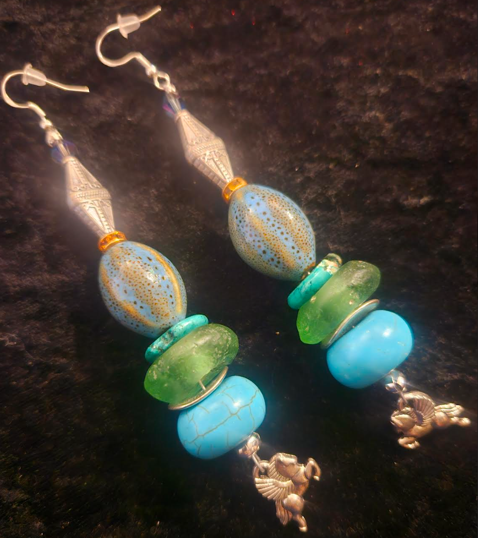 Mixed Media Blue Green & Silver Shoulder Duster Pierced Earrings - Beaded Pegasus Long Dangle Ear Candy - Kat Kouture Jewelry