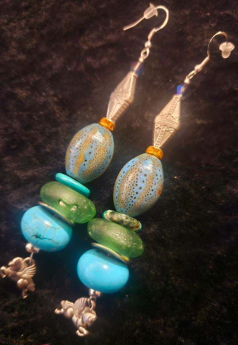 Mixed Media Blue Green & Silver Shoulder Duster Pierced Earrings - Beaded Pegasus Long Dangle Ear Candy - Kat Kouture Jewelry