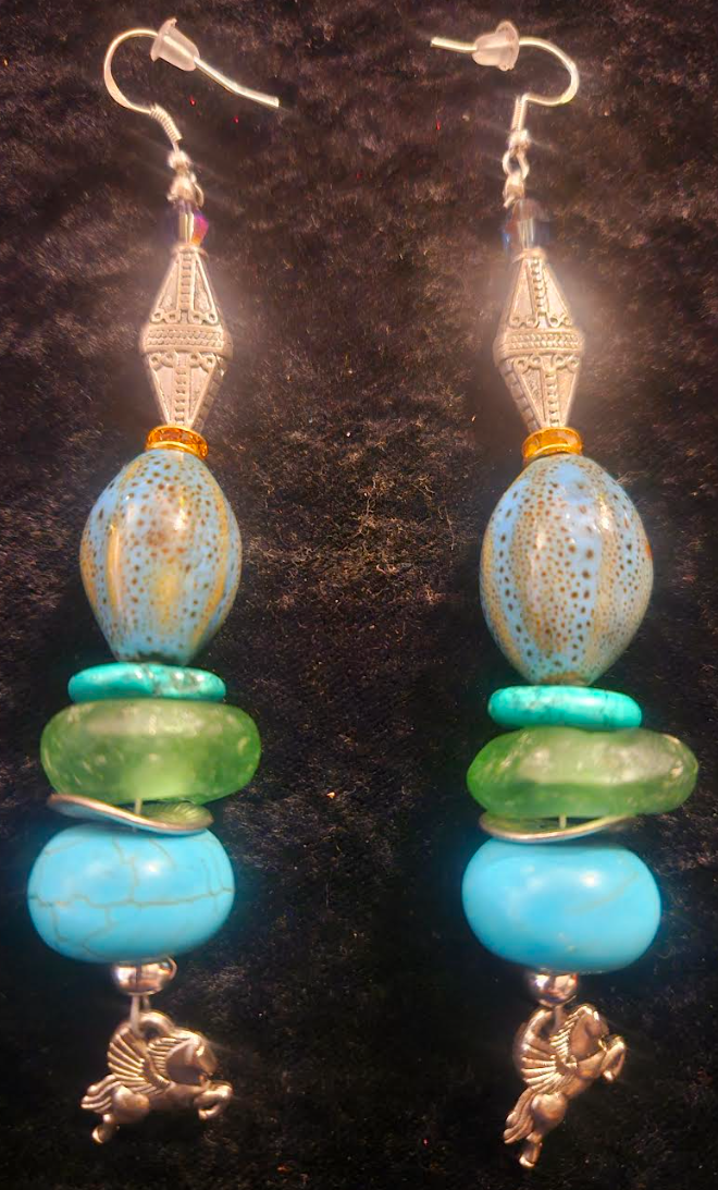 Mixed Media Blue Green & Silver Shoulder Duster Pierced Earrings - Beaded Pegasus Long Dangle Ear Candy - Kat Kouture Jewelry