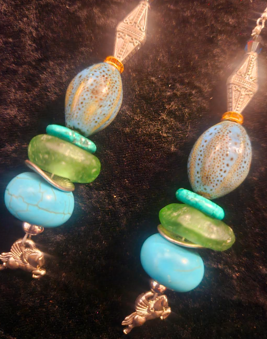 Mixed Media Blue Green & Silver Shoulder Duster Pierced Earrings - Beaded Pegasus Long Dangle Ear Candy - Kat Kouture Jewelry