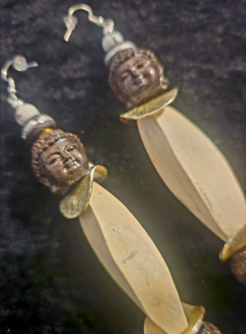 Agarwood Buddha Oversized Lightweight Beaded Shoulder Duster Earrings - Blonde and Dark Brown Mixed Wood Tibetan God Tribal Pierced Earrings - Kat Kouture Jewelry