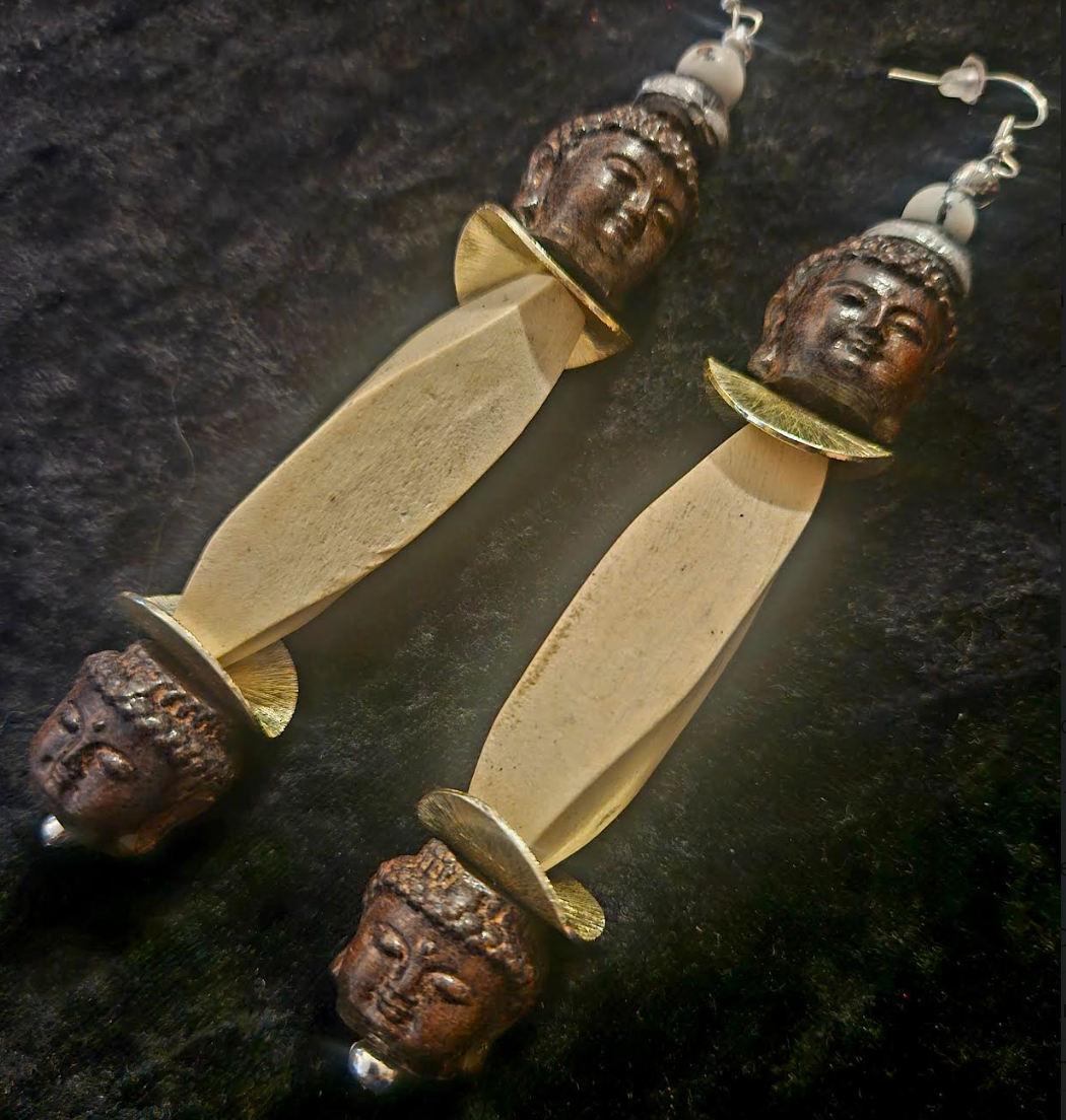 Agarwood Buddha Oversized Lightweight Beaded Shoulder Duster Earrings - Blonde and Dark Brown Mixed Wood Tibetan God Tribal Pierced Earrings - Kat Kouture Jewelry