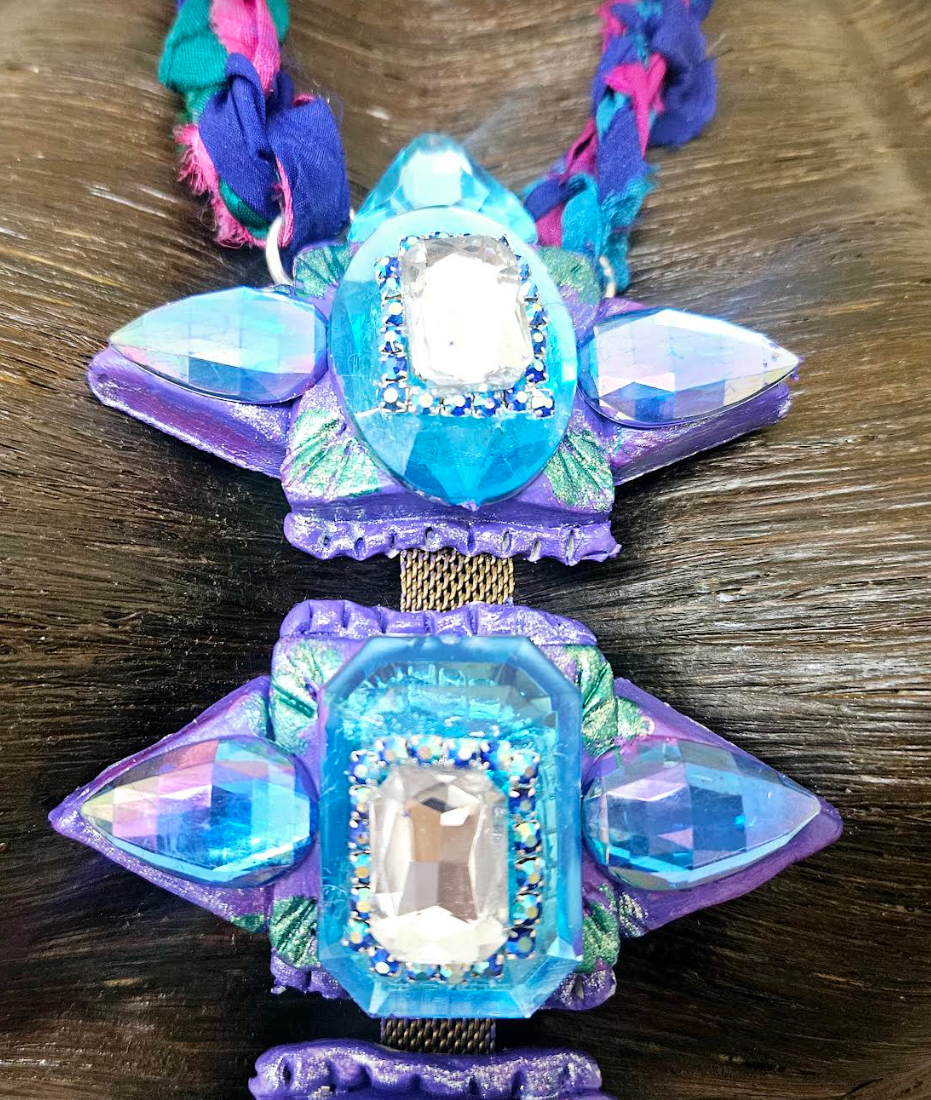 Sculpted Art Deco & Crystal Totem Chest Piece - Purple Blue and Silver Bling Statement Pendant - Kat Kouture Jewelry