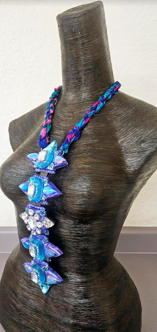 Sculpted Art Deco & Crystal Totem Chest Piece - Purple Blue and Silver Bling Statement Pendant - Kat Kouture Jewelry