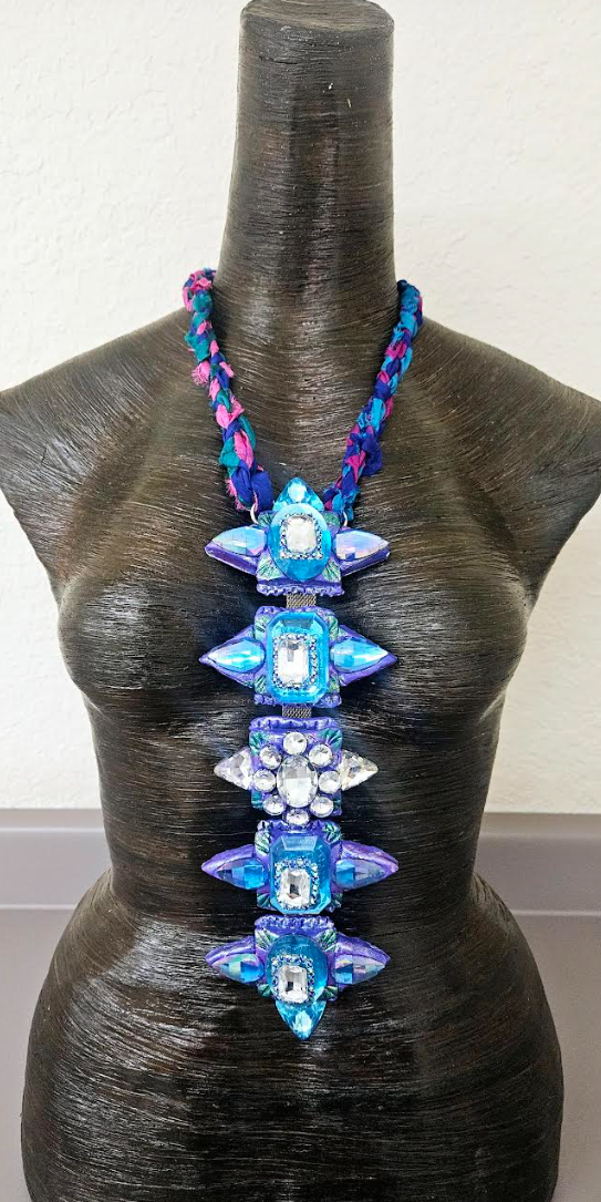 Sculpted Art Deco & Crystal Totem Chest Piece - Purple Blue and Silver Bling Statement Pendant - Kat Kouture Jewelry