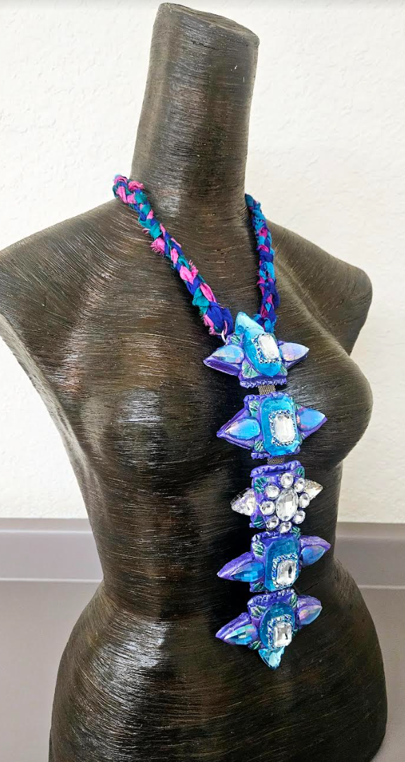 Sculpted Art Deco & Crystal Totem Chest Piece - Purple Blue and Silver Bling Statement Pendant - Kat Kouture Jewelry