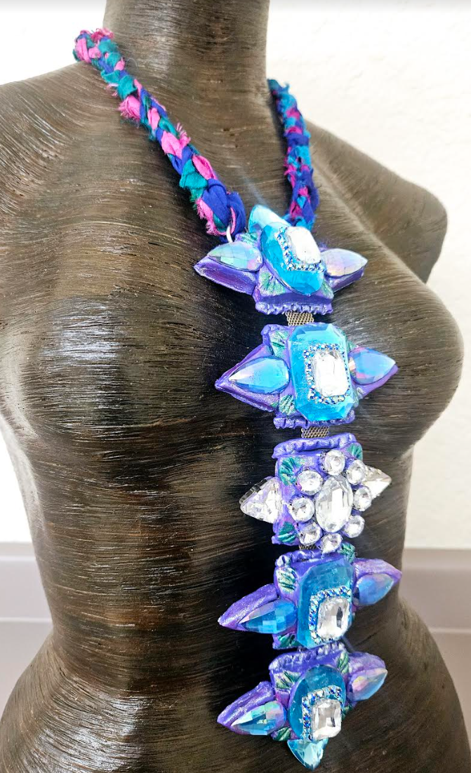 Sculpted Art Deco & Crystal Totem Chest Piece - Purple Blue and Silver Bling Statement Pendant - Kat Kouture Jewelry