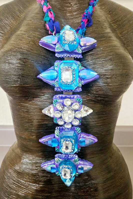 Sculpted Art Deco & Crystal Totem Chest Piece - Purple Blue and Silver Bling Statement Pendant - Kat Kouture Jewelry